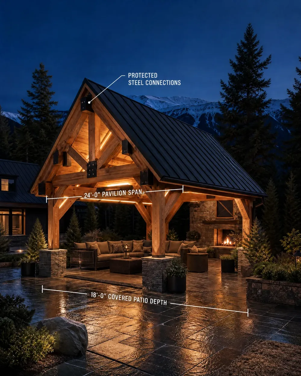 Annotated rain-ready cedar pavilion with draft dimensions in a Pacific Northwest evergreen setting