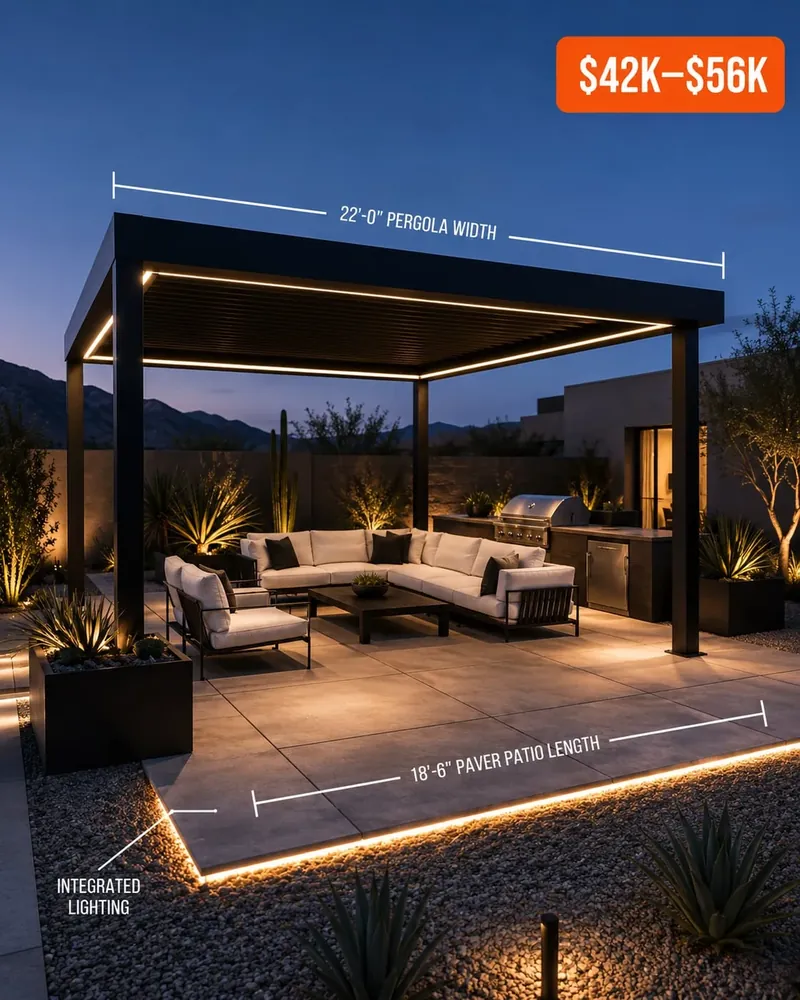 Desert-modern steel pergola with integrated lighting and an outdoor kitchen