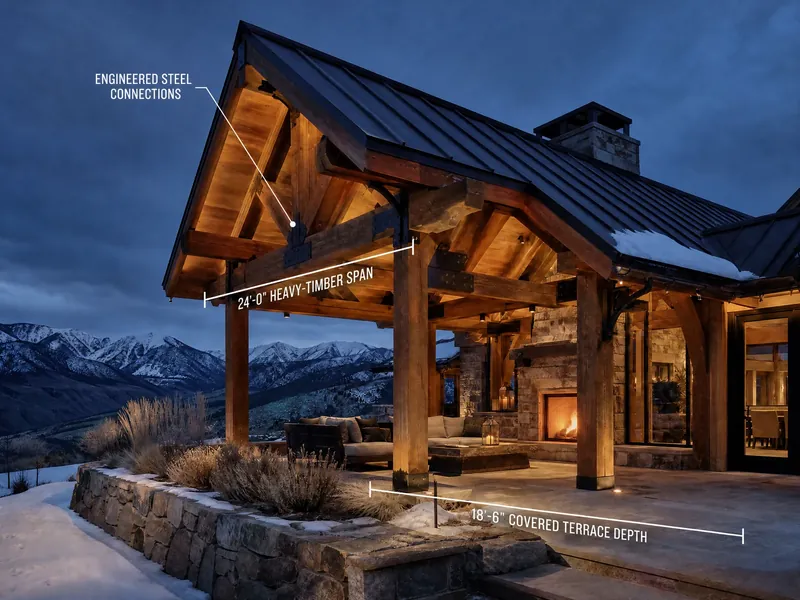 Annotated high-altitude heavy-timber pavilion with draft dimensions, a steep roof, and stone fireplace