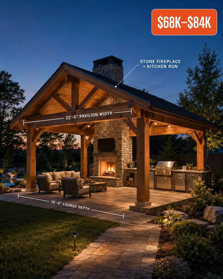Heavy-timber pavilion with a stone fireplace and complete outdoor kitchen