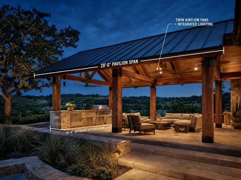 Annotated Texas Hill Country cedar pavilion with draft dimensions, fans, and a masonry outdoor kitchen