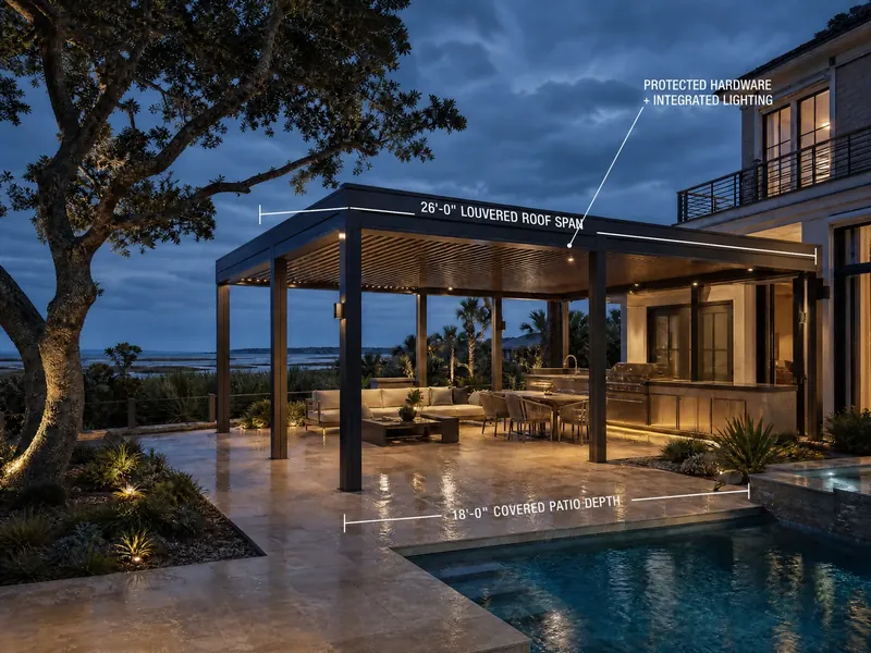 Annotated coastal Southeast louvered pavilion with draft dimensions, protected hardware, and pale stone paving