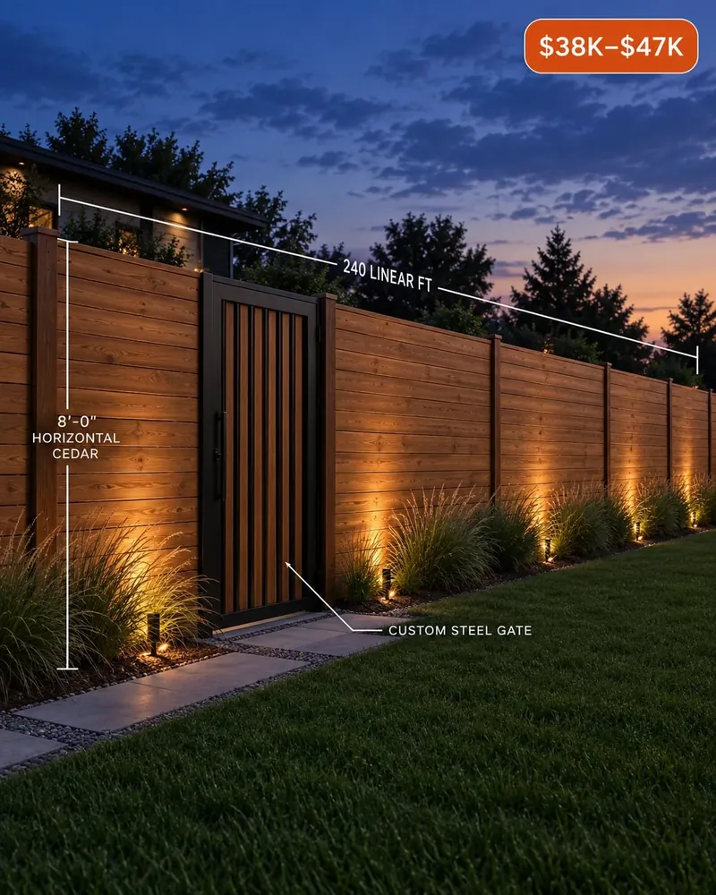 Horizontal cedar privacy fence with a custom steel gate and landscape lighting
